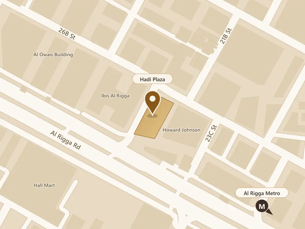 Map of Al Muraqqabat with Hadi Plaza in the centre, between 26B Street and Al Rigga Road. Al Rigga Metro is to the south-east.