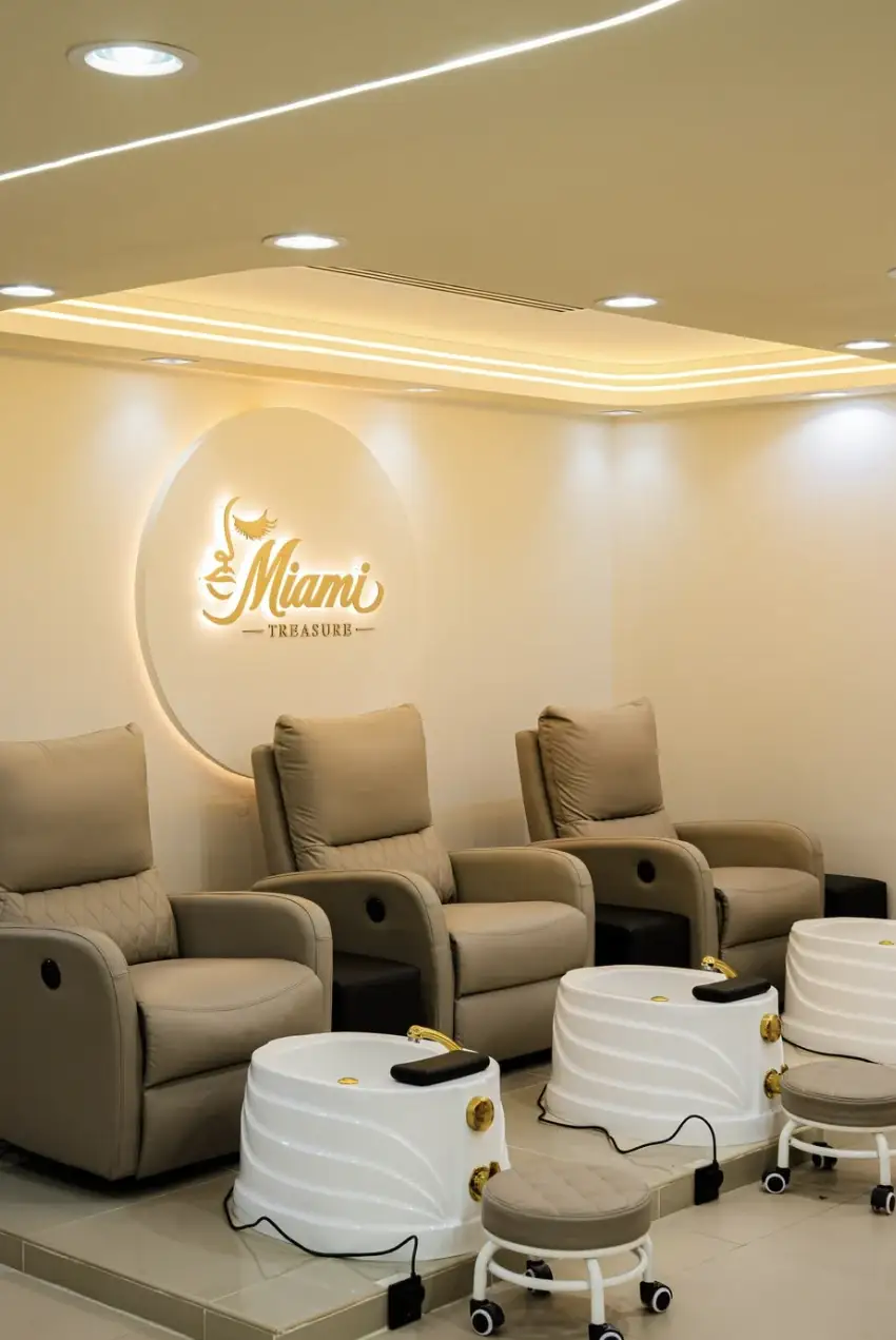 Three reclining pedicure chairs, each with a white foot-spa bowl, in front of the glowing round logo